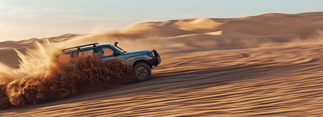 4x4 off-road vehicle speeds through the desert through sand dunes with copy space - Powered by Adobe