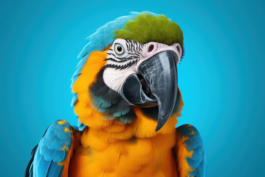 Colorful Macaw: A Vibrant Portrait of a Cute Blue-and-Yellow Parrot with Exotic Feathers and Bright Red Beak, Looking Close Up with One Perceptive Eye against a White Isolated Background