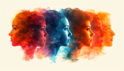 Group of faces in profile illustrating  concepts such as diversity and equality - obrazy, fototapety, plakaty