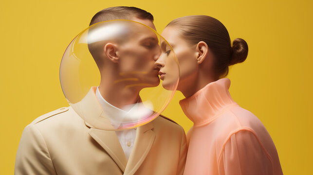 Couple kissing among soap bubbles, yellow background