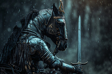 a horse knight holding a sword - obrazy, fototapety, plakaty