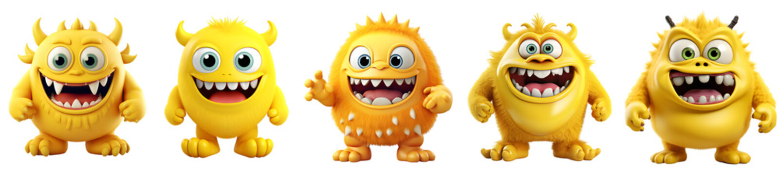 Cute 3d monsters collection, cartoon style. On Transparent background