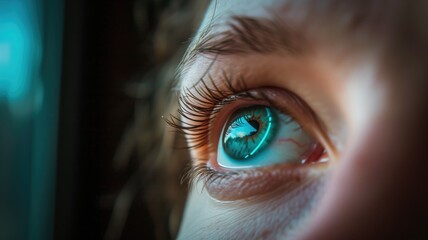 Close-up of a human eye with a vibrant blue contact lens - obrazy, fototapety, plakaty