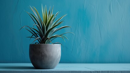 Potted plant with slender leaves against a blue textured background