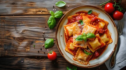 Freshly made ravioli pasta with tomato sauce and basil
