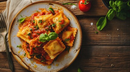 Plate of ravioli pasta topped with tomato sauce and basil