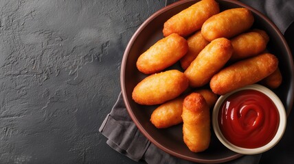 A plate of mini corn dogs with ketchup