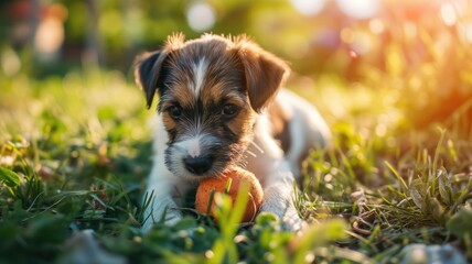 A playful puppy with a toy in a garden