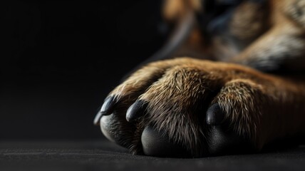 Detailed view of a dog's paw on a dark background