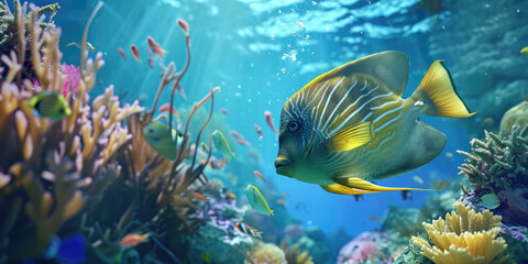 Fototapeta na wymiar underwater world with sea fish, generative AI