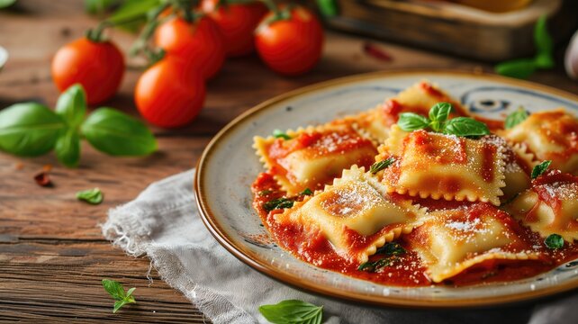 Fresh ravioli pasta with tomato sauce on wooden table