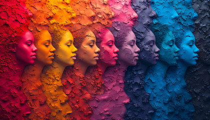 Colorful group of faces in profile illustrating  concepts such as diversity, inclusion and equality.