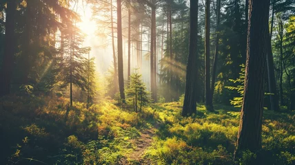 Foto op Plexiglas Sunlight streams through a tranquil forest, illuminating the underbrush © Artyom