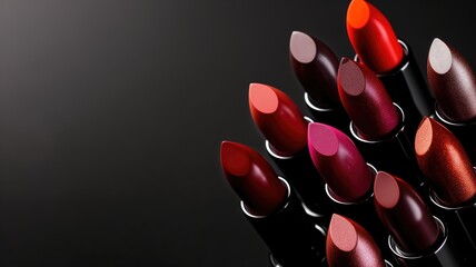 Various lipstick shades arranged on a dark, elegant background - obrazy, fototapety, plakaty