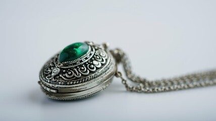 Silver locket with a green gemstone against a white backdrop