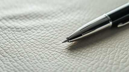 Elegant pen on white textured leather background