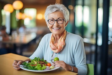 A happy senior woman eating a salad, - obrazy, fototapety, plakaty
