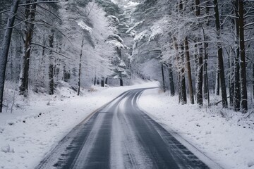 Fototapeta premium serene snowy road leading through enchanted winter landscape, Generative AI