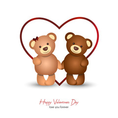 Happy valentine's day, happy couple bears holding hands with big heart behind  