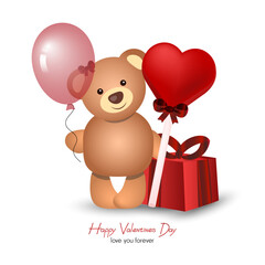 Happy valentine's day, bear holding big candy heart and air balloon, with gift box behind 