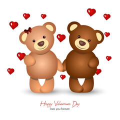 Happy valentine's day, happy couple bears holding hands with many little hearts around
