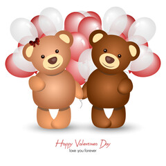 Happy valentine's day, happy couple bears with air balloons behind 