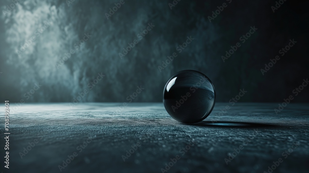 Poster a single black orb on a dark background with a subtle reflection
