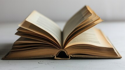 Open book with fluttering pages on a light background