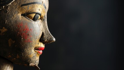Profile of an aged, painted wooden mask - obrazy, fototapety, plakaty