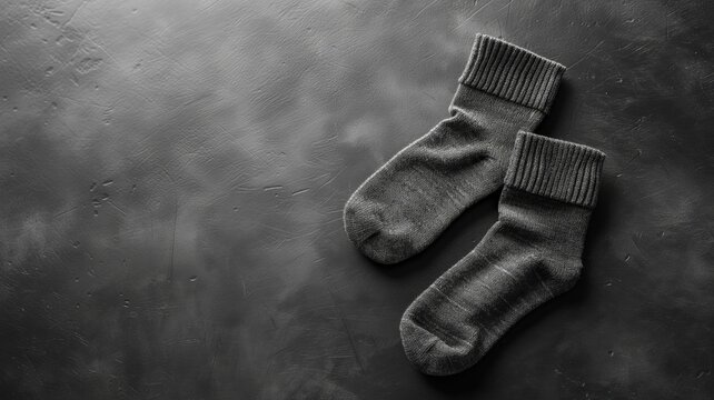 A pair of matching gray socks on a textured black background