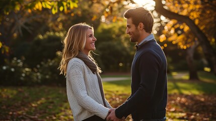 Fototapeta premium A couple meets in the park for Valentine's Day