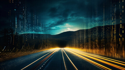 modern data road, light speed travel, rays of light, fast travel of data, high tech
