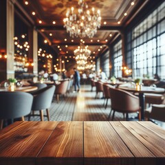 Wooden table blurred background of restaurant of cafe with bokeh. Flawless, poutron