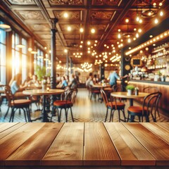 Fototapeta na wymiar Wooden table blurred background of restaurant of cafe with bokeh. Flawless singles