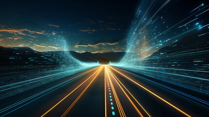 modern data road, light speed travel, rays of light, fast travel of data, high tech