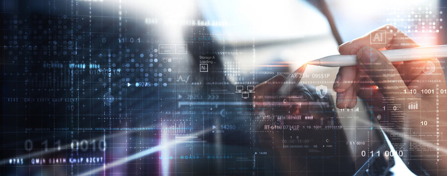 Computer programmer coding on modern computer with AI Artificial Intelligence. Data science, software development, cloud computing, digital technology, big data management, data exchange concept