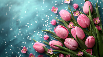 Obraz na płótnie Canvas A tranquil floral scene featuring dew-covered pink tulips, offering a sense of freshness and renewal. Love, holiday