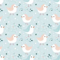 Watercolor seamless pattern with cartoon birds pastel colors