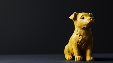 A small yellow-painted dog figurine against a dark backdrop