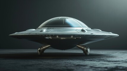 Sleek silver UFO model on a dark grey background