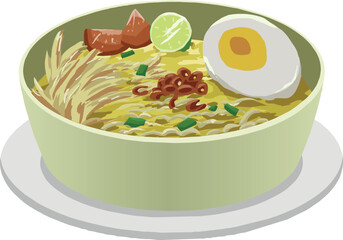 Indonesian food called soto ayam with pieces of chicken, noodles and boiled egg vector illustration