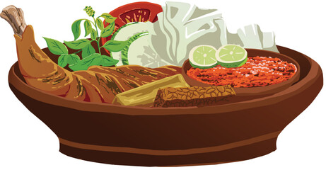 Indonesian food called lalapan with it's tempeh, tofu, chicken, vegetables and spicy chili sauce vector illustration
