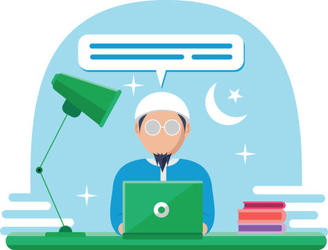 vector illustration of a Muslim with a laptop in front of him and modern Islamic decoration