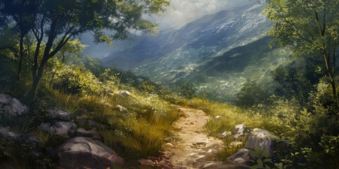 Naklejka na ściany i meble painting of a sunny mountain path through the valley, generative AI