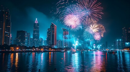 Obraz premium Skyline Spectacle: Fireworks Illuminating the City with Vibrant Light Trails