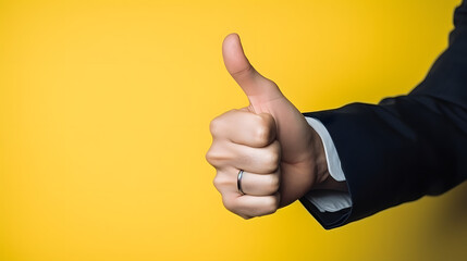 Businessman hand thumb up from yellow punched paper for client the best satisfaction evaluation survey after use product and service concept.