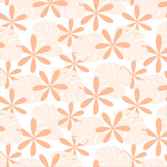 Fototapeta na wymiar Seamless pattern of abstract flowers and monstera leaves in trendy monochrome Peach Fuzz shades