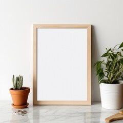 Picture Frame on Table Next to Potted Plant