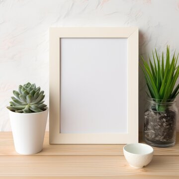 Picture Frame on Wooden Table With Potted Plant