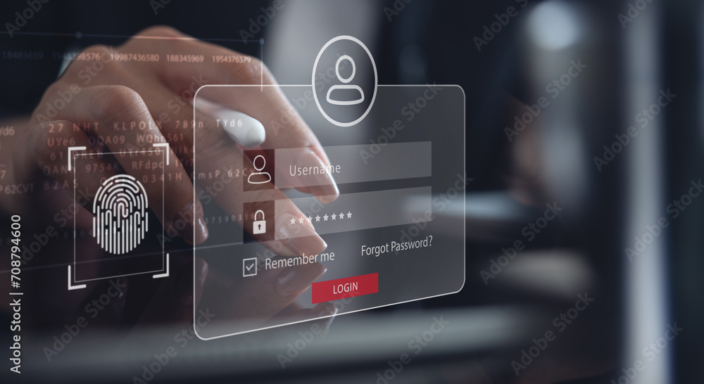 Poster cyber security, data protection concept. user using fingerprint identification on tablet to access f